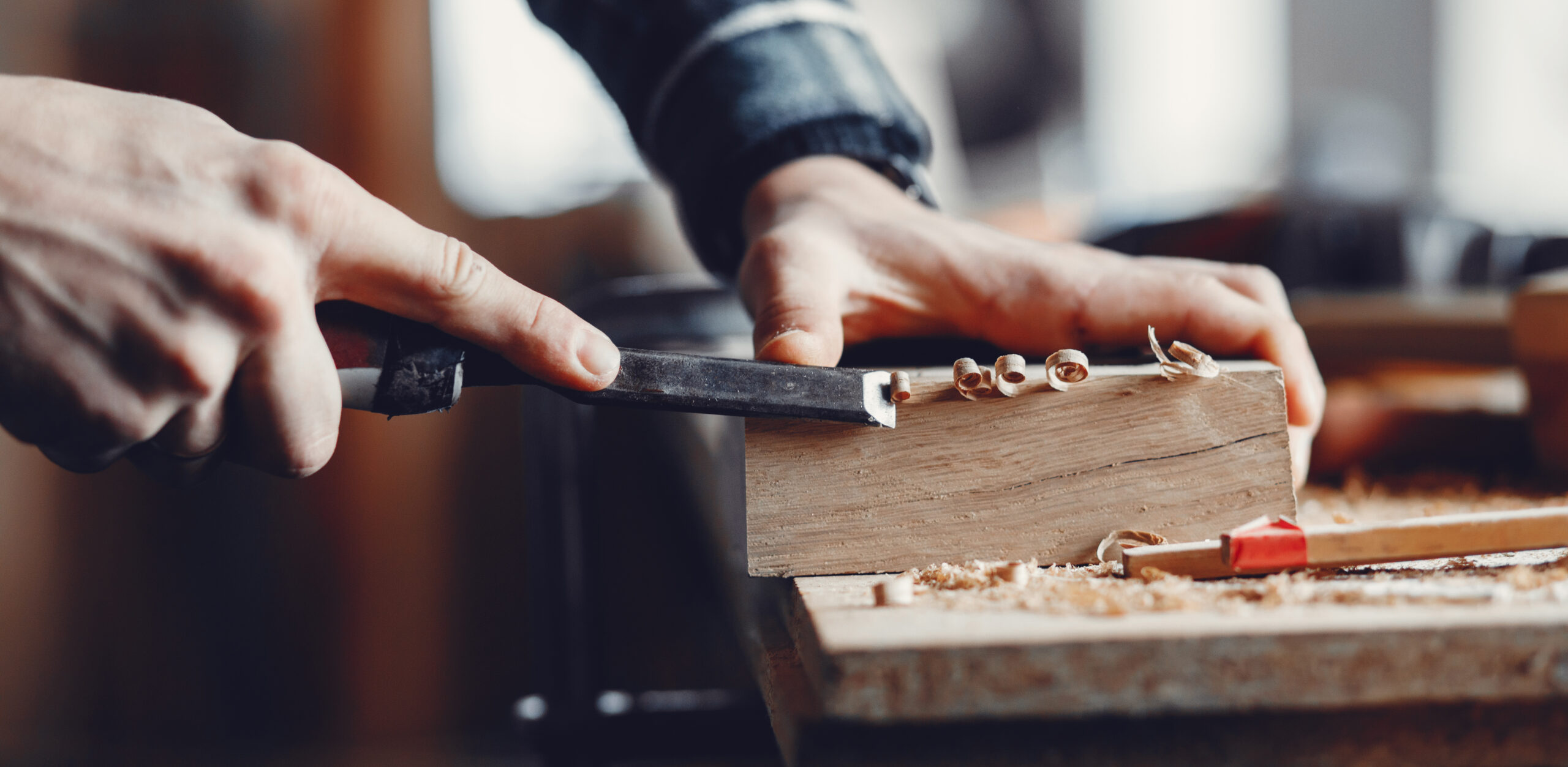 The carpenter works with a tree